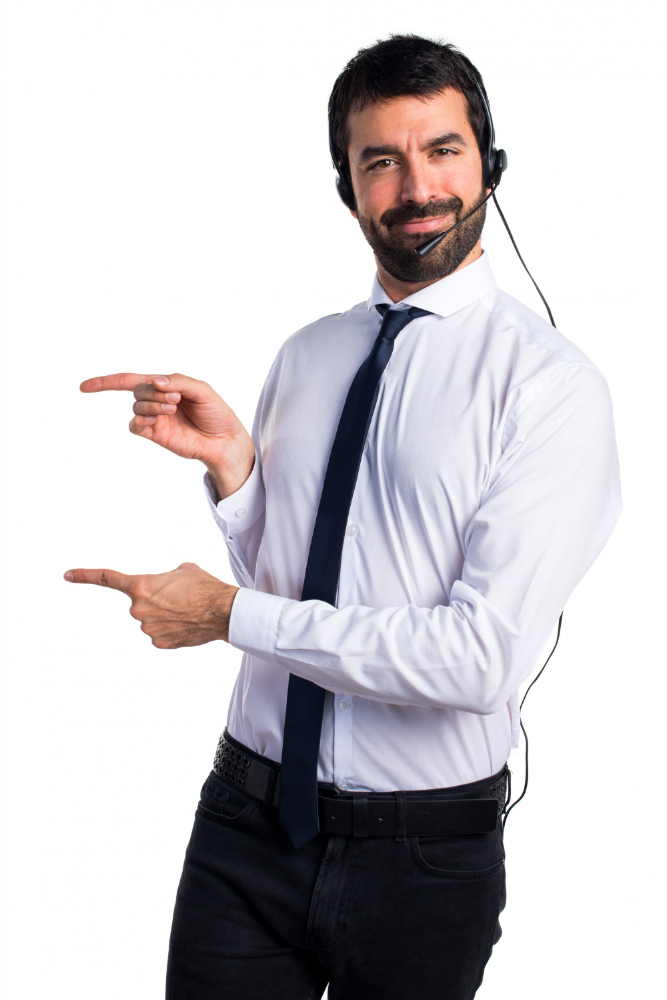 young man with headset pointing lateral